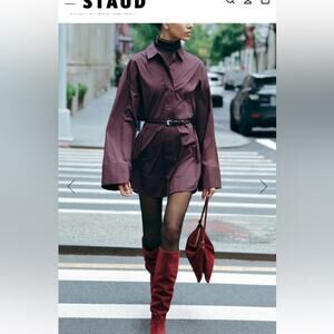 STAUD $345 CINDY SHIRT DRESS in MERLOT L